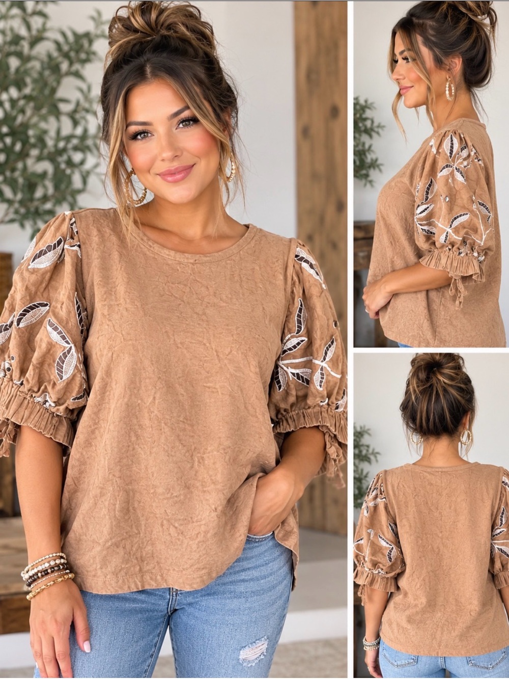 Joie Tan Embroidered Puff-Sleeve Blouse